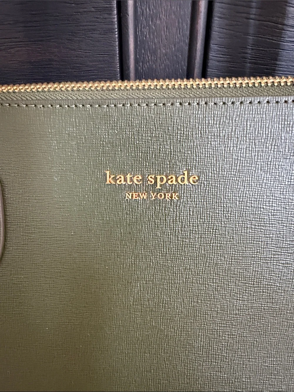 kate spade olive green Saffiano leather tote with gold logo